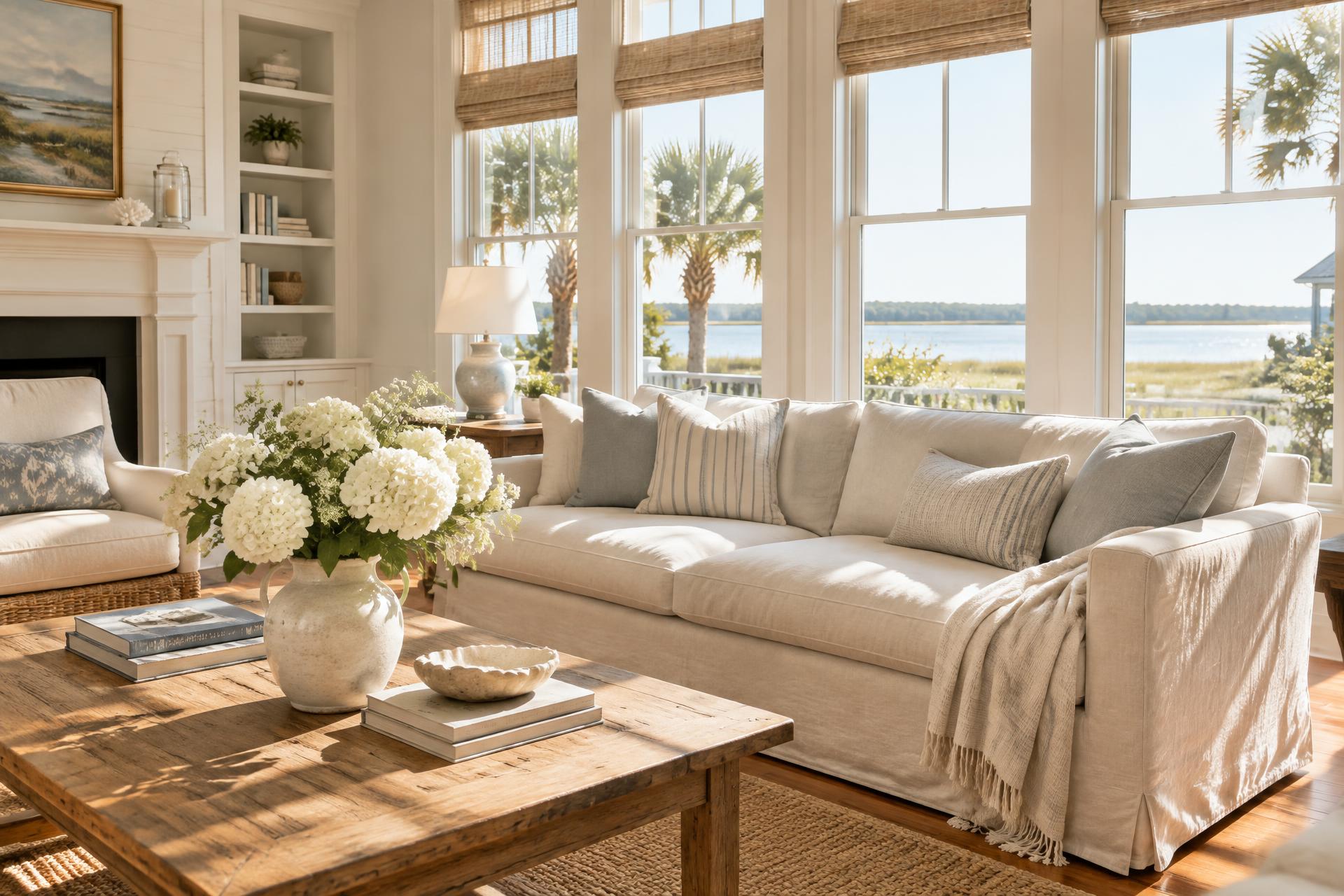 Sunlit living room in a coastal Mount Pleasant home